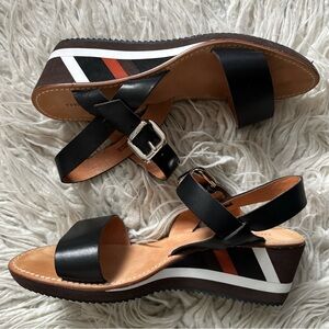 Mellow Yellow Black Tan Red Striped Wedge Heel Ankle Strap Sandals EUC Size 41